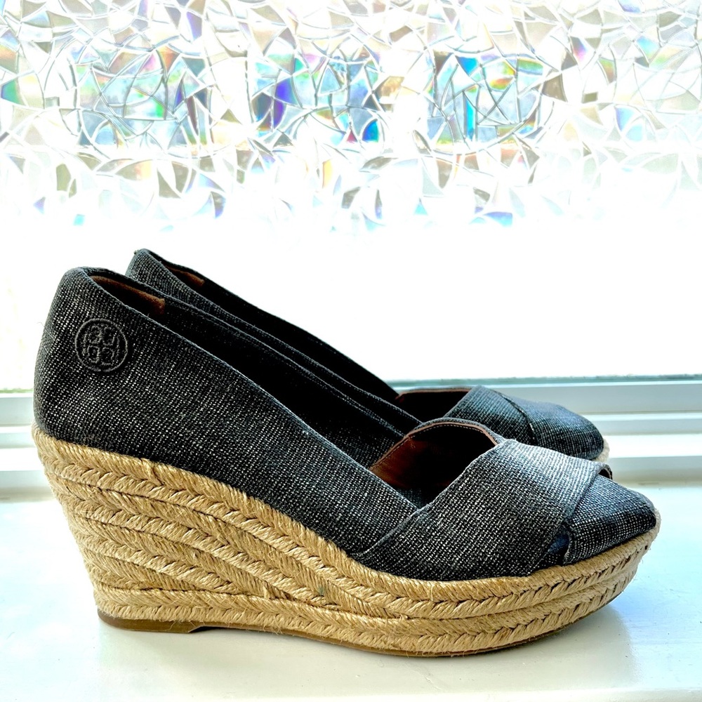 Black Shimmer Tory Burch Wedge Espadrilles Size 7 B